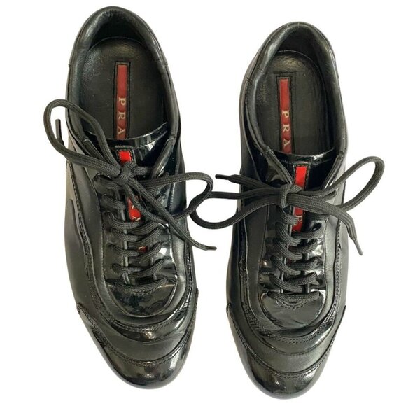 PRADA BLACK PATENT LEATHER TECHNICAL FABRICLACE UP SNEAKERS FOR WOMEN'S - 6 - Picture 4 of 9